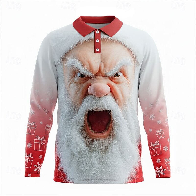 Christmas Men's Santa Claus Polo Long Sleeve Polo Shirts Lapel Casual Outdoor Athleisure Daily Wear 3D Print Buttons Spring Fall Winter Red 1 Red 4 Red 34
