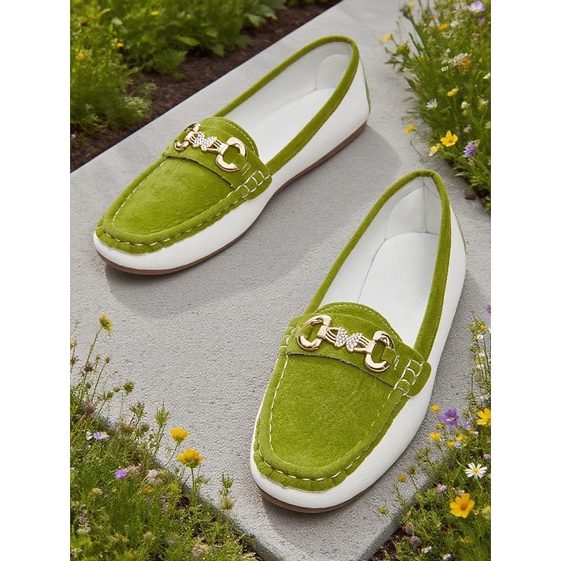 Women's Green Loafers – Slip-On Driving Shoes with Rhinestone Metal Buckle for Office and Casual Outfits2