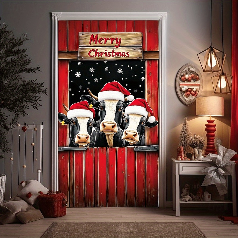 Christmas Door Cover Merry Christmas Nativity Stable Skeleton Santa Claus Holiday Winter Drapes Festive Home Decoration Curtain Large Seasonal Decoration for Living Room Bedroom