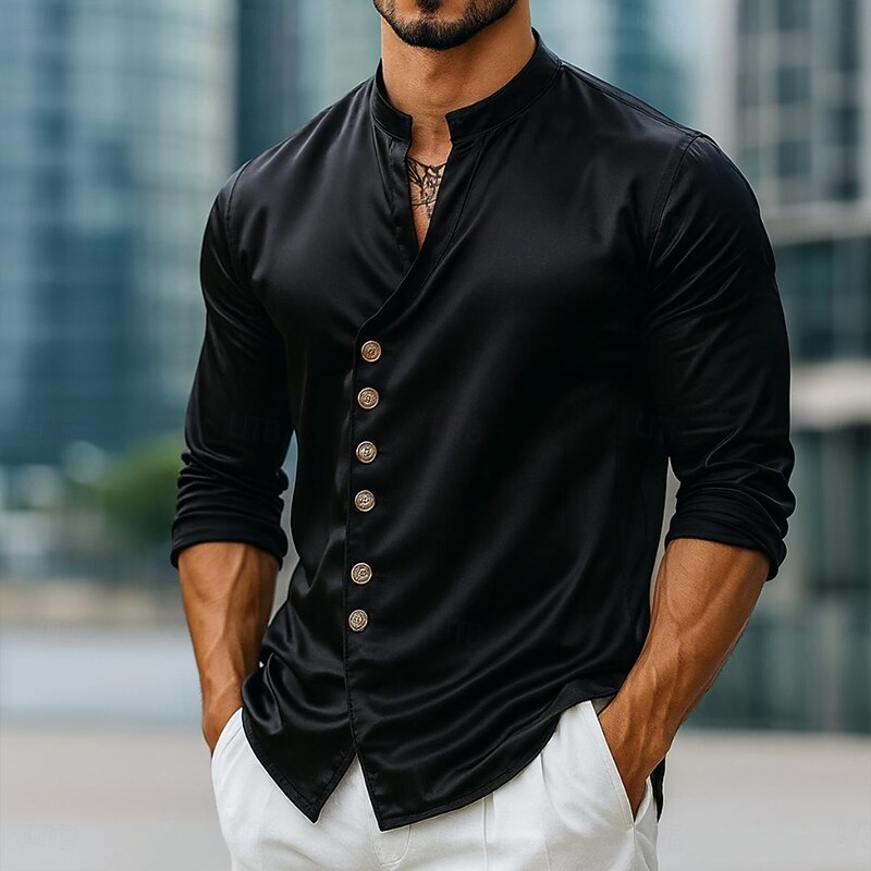 Men's Shirt Satin Shirt Dress Shirt Casual Shirt Button Up Shirt Prom Shirt Plain Formal Wedding Light Blue Black White Royal Blue Long Sleeve V Neck All Seasons Clothing Apparel2