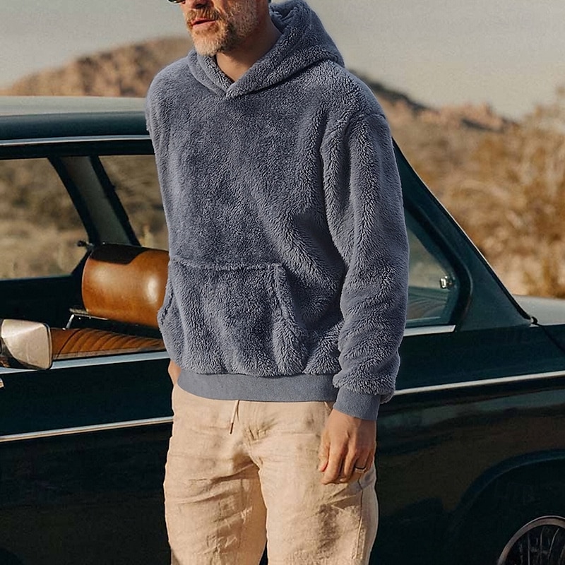 Men's Hoodie Fleece Hoodie Black Navy Blue Blue Brown Khaki Hooded Plain Drawstring Pocket Sports & Outdoor Daily Holiday Polyester Streetwear Basic Casual Fall Winter Clothing Apparel Hoodies4