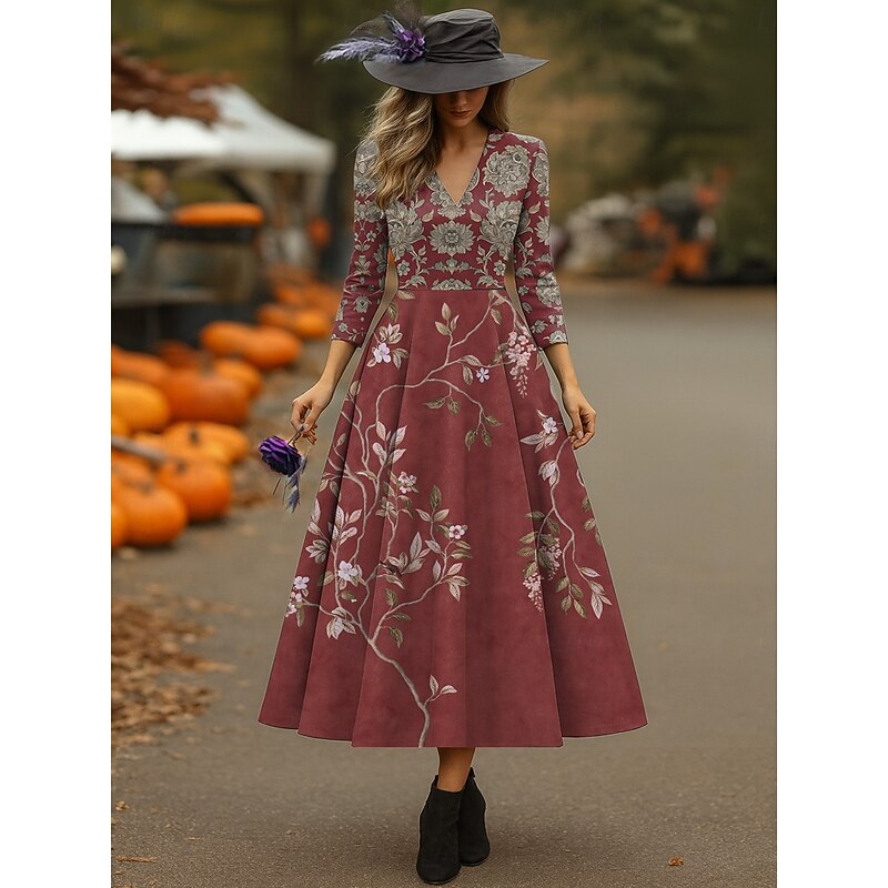 Halloween Women's Midi Dress A Line Dress Vacation Casual Wedding Party Birthday Regular Fit Floral Graphic Rose 3/4 Length Sleeve V Neck Yellow Rusty Red Purple Spring Fall3