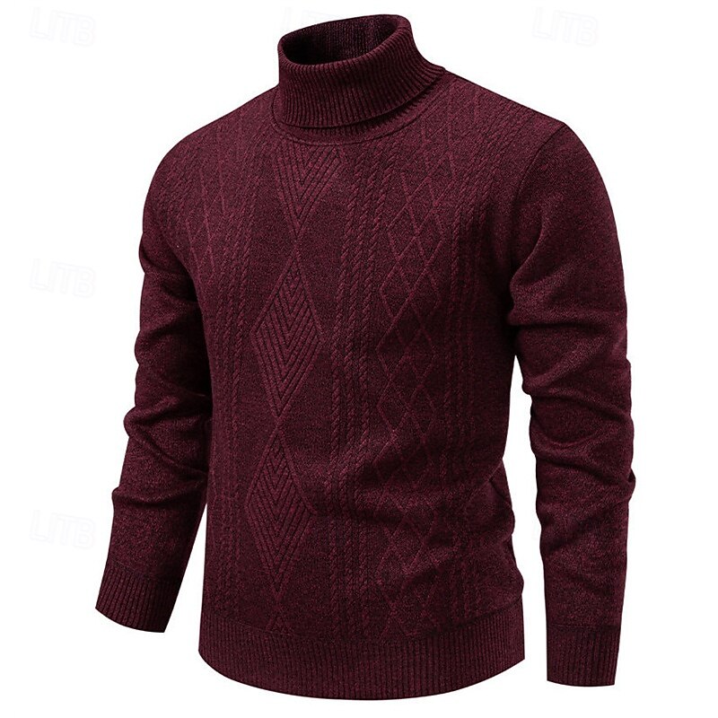 Men's Pullover Sweater Jumper Knit Sweater Ribbed Knit Regular Tops Knitted Plain Turtleneck Fashion Basic Vacation Daily Wear Clothing Apparel Fall Winter Wine Black S M L