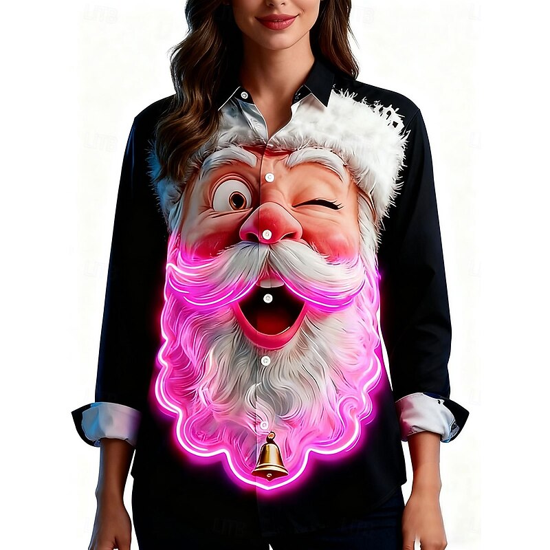 Christmas Women's Shirt Graphic Santa Claus Elegant Vintage Stylish Long Sleeve Shirt Collar Regular Tops Work Daily Holiday Black Pink Red Brown Fall Winter4