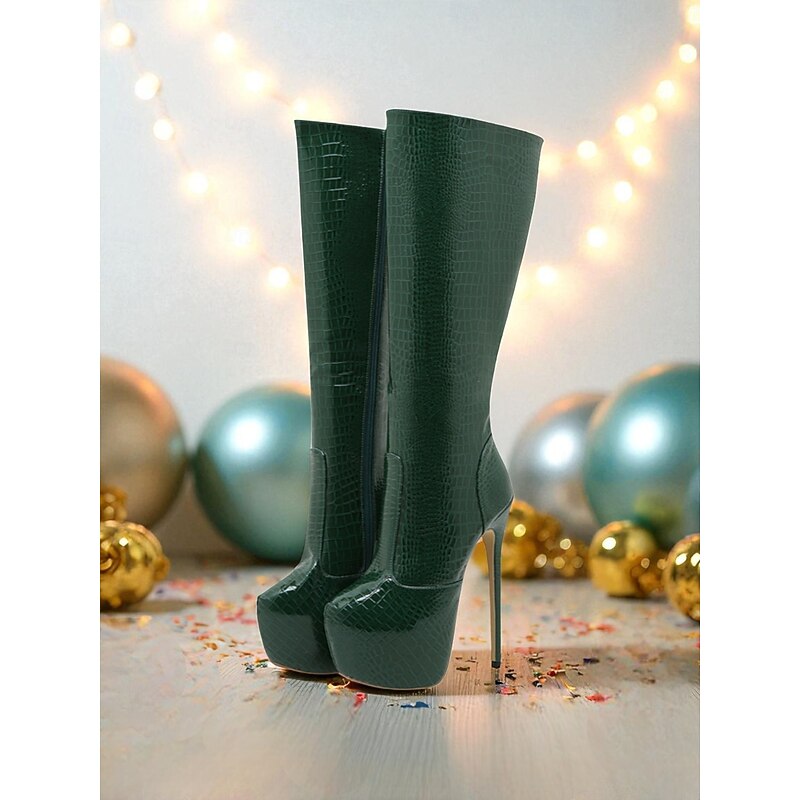 Women's Green Knee High Platform Boots with Stiletto Heels and Crocodile Pattern - Sexy Nightclub Footwear for Party, Dance and Nightlife Events3