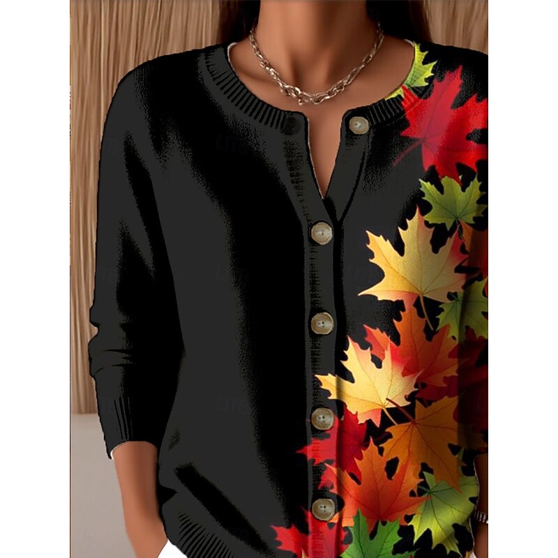 Women's Cardigan Fashion Daily Casual Floral Ribbed Crew Neck Buttons Print Long Sleeve Regular Tops Knit Outdoor Daily Date Red Fall Winter2