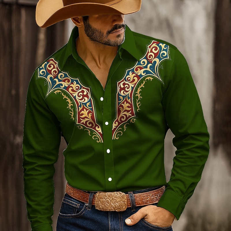 Men's Floral Print Shirt Button Up Shirt Cowboy Shirt Long Sleeve Western Style Outdoor Casual WorkWear Spring Fall Turndown 3D Print Collared Shirts Blue Green Beige3