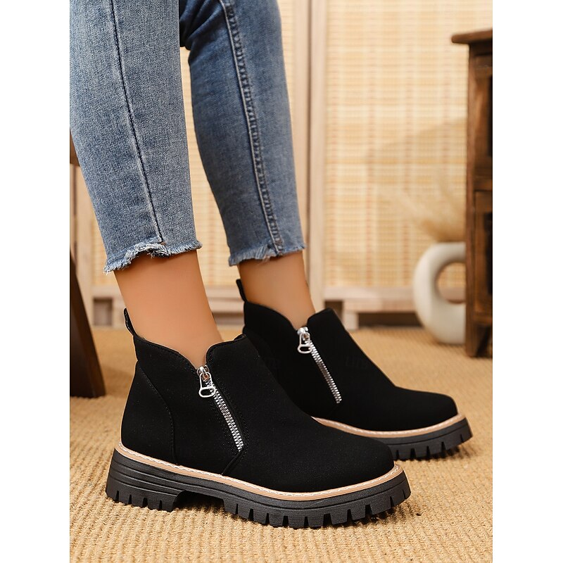 Women's Boots Combat Boots Daily Chunky Heel Round Toe Casual Suede Zipper Black Light Pink Army Green3