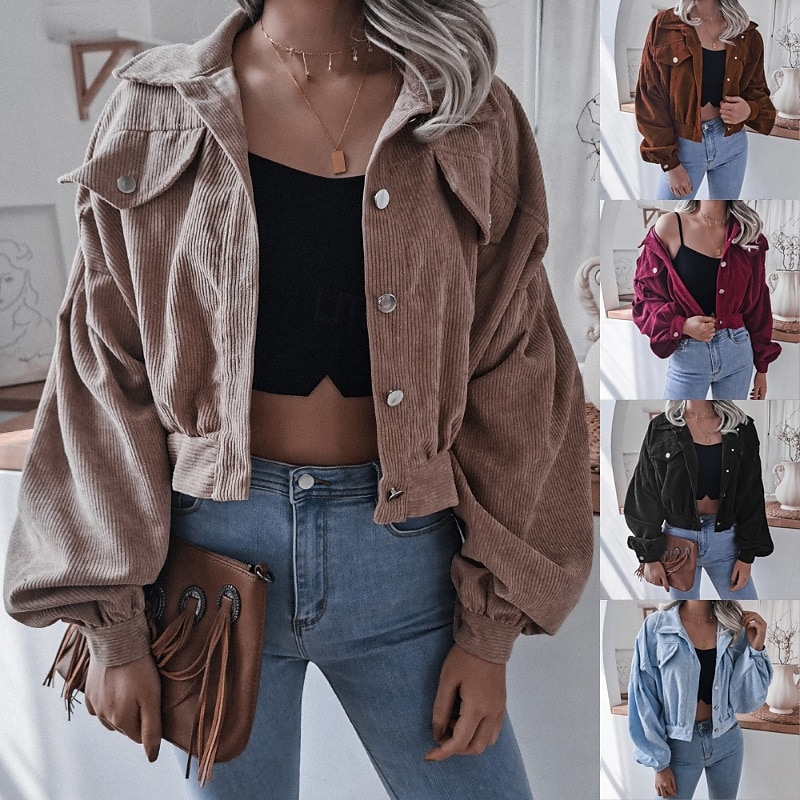 Women's Jacket Casual Jacket Comfortable Pocket Buttons Casual Plain Vacation Street Daily Wear Going out Short Turndown Regular Fit Long Sleeve Outerwear Light Blue Black Wine Fall Winter