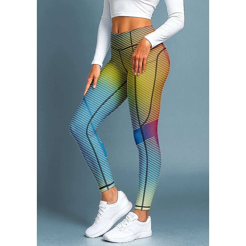 Women's pilates leggings fitness pants Gym Leggings Pockets Stamp Duty Side Pockets Pilates Gym Gym Workout Pants Tights Leggings Striped Geometry Gradient Stripes Rainbow Sports Activewear Stretchy2