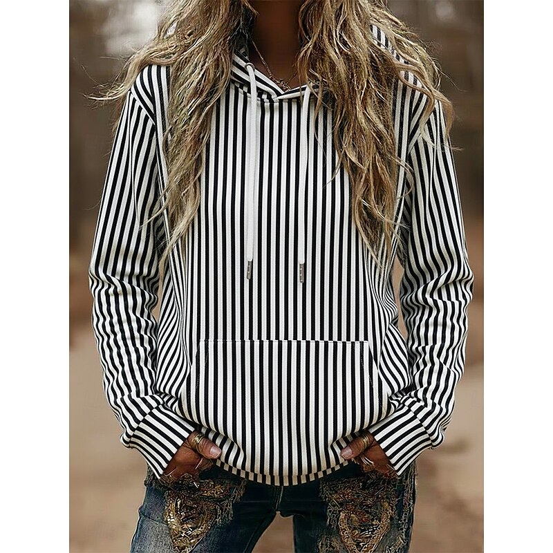 Women's Pullover Hoodies Striped Fashion Streetwear Casual Long Sleeve Hooded Regular Tops Dailywear Casual Sports Drawstring Pocket Print Black Blue Green Spring Fall3