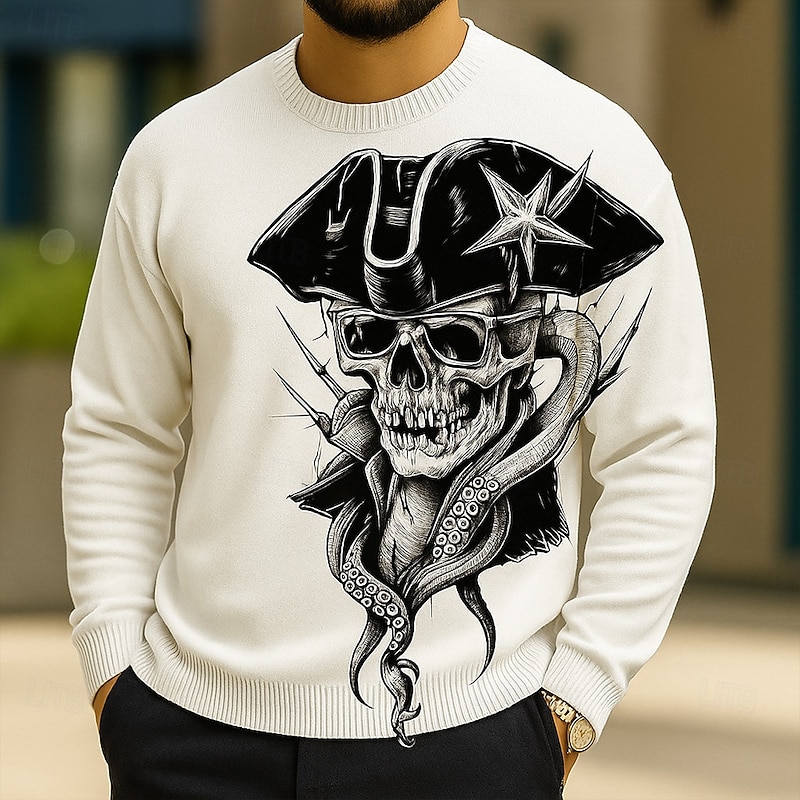 Halloween Men's Skulls Pullover Sweater Jumper Knitwear Crewneck Casual Vacation Home Daily 3D Print Knitting Keep Warm Long Sleeve Spring Fall Winter White Blue Green