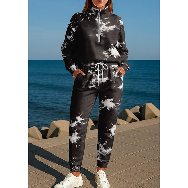 Women's Sweatshirt Tracksuit 2 Piece Tracksuit Baggy Tie Dye Clothing Suit Fall Black Vocation Outdoor Travel Lightweight Fashion Long Sleeve Sport Activewear Micro-elastic Regular Fit3