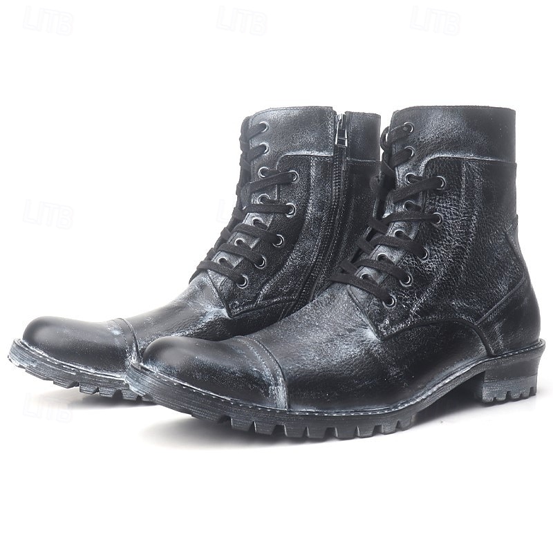 Men's Black Cowhide Combat Boots – Durable Lace-Up Military Style Leather Footwear for Outdoor Hiking, Motorcycle Riding and Casual Streetwear2