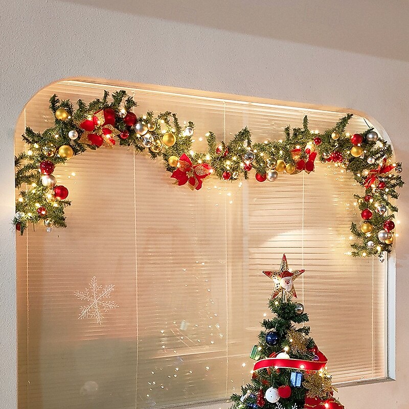 Christmas Garland with Lights, Artificial Green Christmas Garland for Stair Railings Mantle Decorations with Red Flowers, Berry Clusters Needle Pine and Balls, Winter Outdoor Indoor Decor2