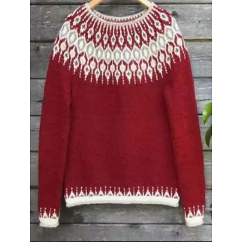 Women's Fair Isle Sweater Pullover Elegant Vintage Streetwear Geometric Ribbed Crew Neck Floral Long Sleeve Regular Tops Knit School Outdoor Home White Red Spring Fall2