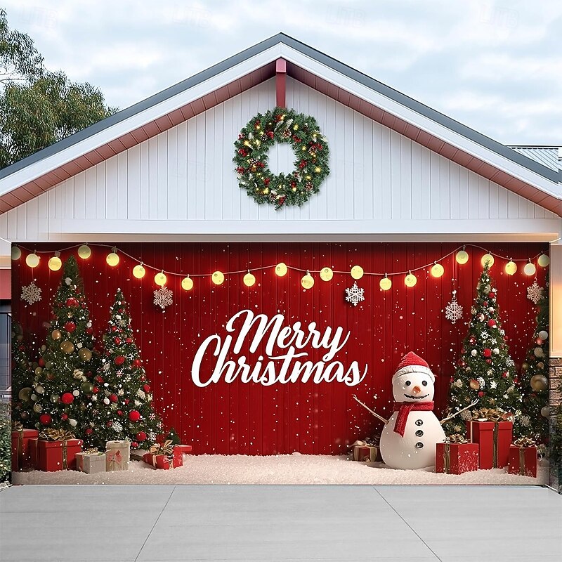 Christmas Garage Door Cover 2025 Xmas Snowman and Christmas Tree with Lights Backdrop Banner, Holiday Outdoor Garage Decoration for Winter Home Party3