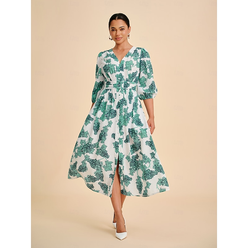 Women's Teal Green Printed Linen-Effect Maxi Dress