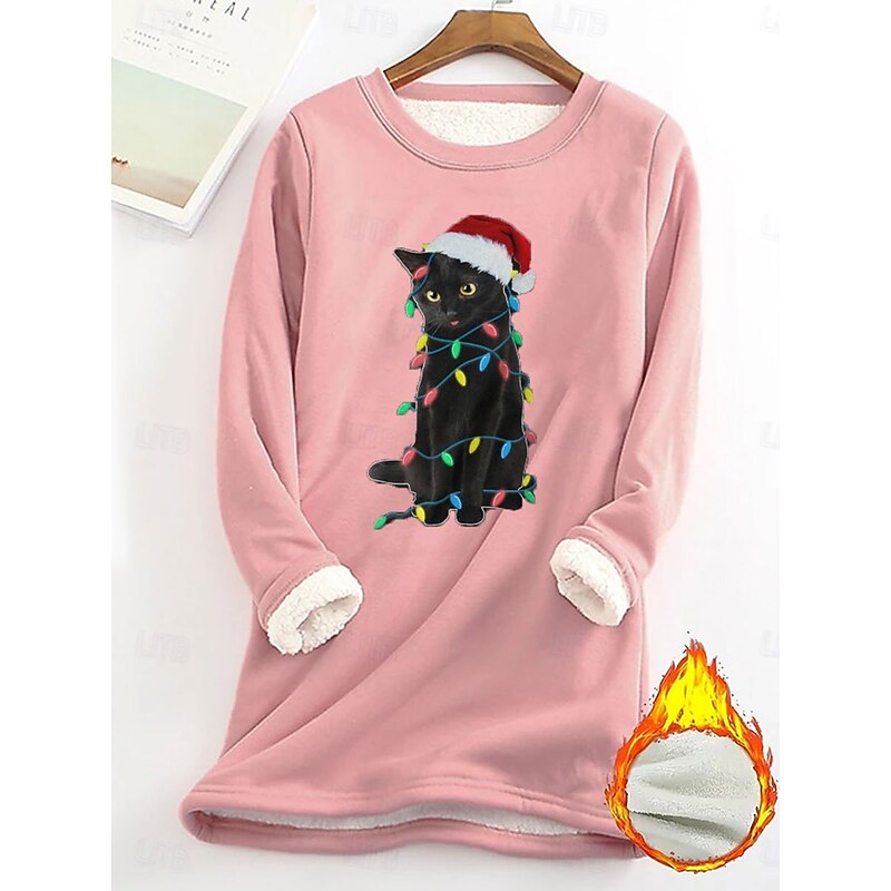 Women's Pullover Sweatshirt Graphic Cat Ugly Christmas Warm Casual Fuzzy Long Sleeve Crew Neck Long Tops Street Casual Light Pink Black Dark Pink Blue Spring Fall Winter2