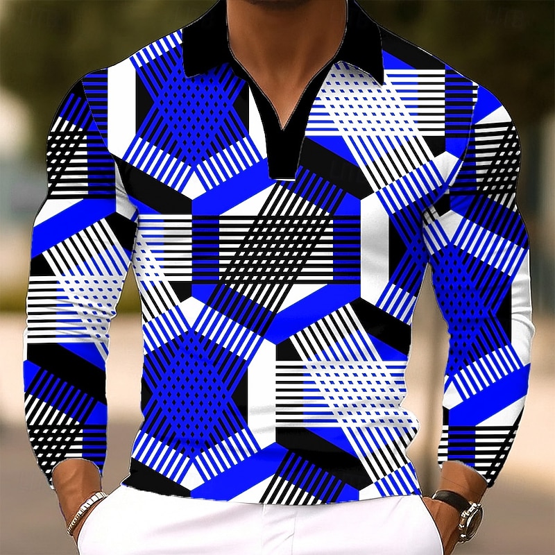 Men's Geometic Polo Long Sleeve Polo Shirts Lapel Casual Outdoor Street Athleisure Daily Wear 3D Print Buttons Spring Fall Winter Red Blue2