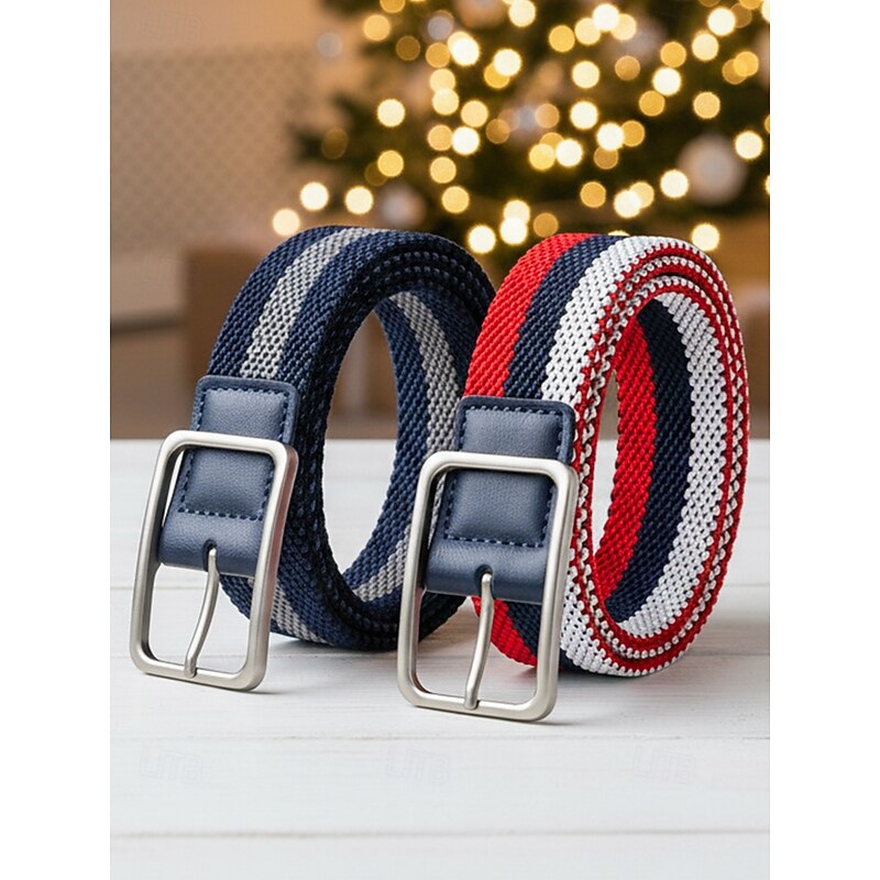 Men's Striped Elastic Woven Belt with Silver Buckle, Casual Stretch Belt for Comfort, Available in Multiple Color Options, Perfect Christmas Gift
