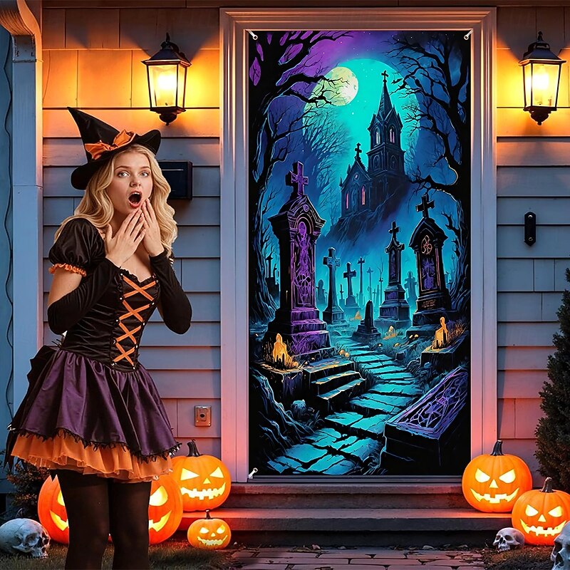 Halloween Posters Door Cover Outdoor Banners Cemetery 3D Dark Punk Gothic Style Party Dorm Teens Room College Dorm Guys Man Cave Frat Bedroom Shooting Backgrounds Home Decor4