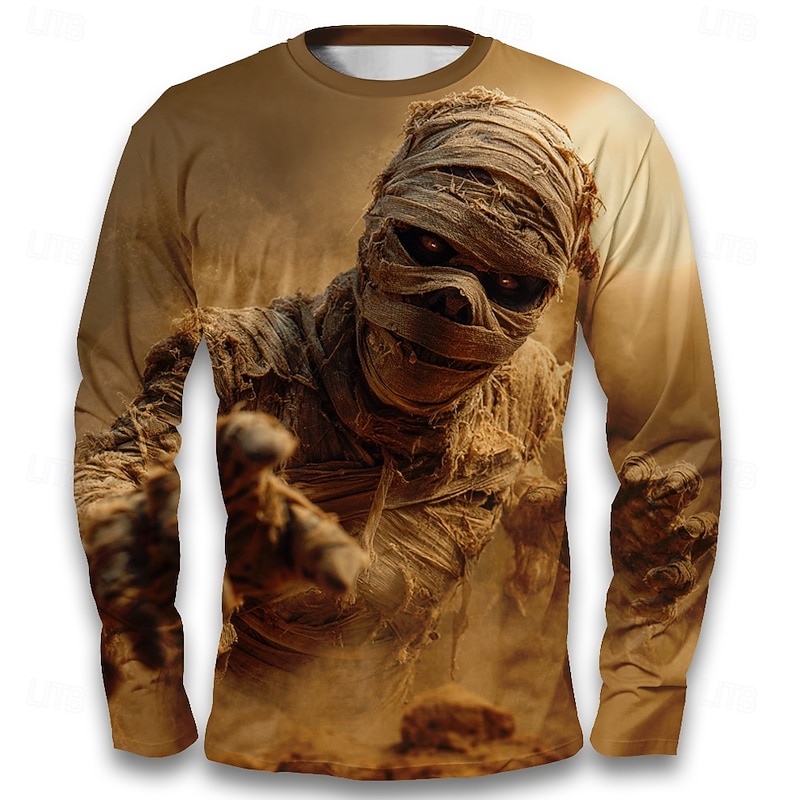 Halloween Men's Optical Illusion 3D Mummy T Shirt Long Sleeve T shirt 3D Print Crew Neck Shirt Fashion Exaggerated Street Casual Daily Brown Summer Spring Fall Clothing Apparel S M L XL XXL XXXL