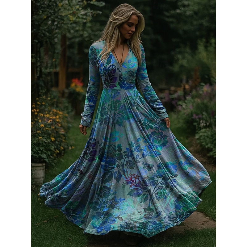 Christmas Women's Maxi Dress Pleated Dress Party Casual Boho Daily Date Going out Regular Fit Floral Long Sleeve V Neck Blue Purple Orange Spring Fall Winter
