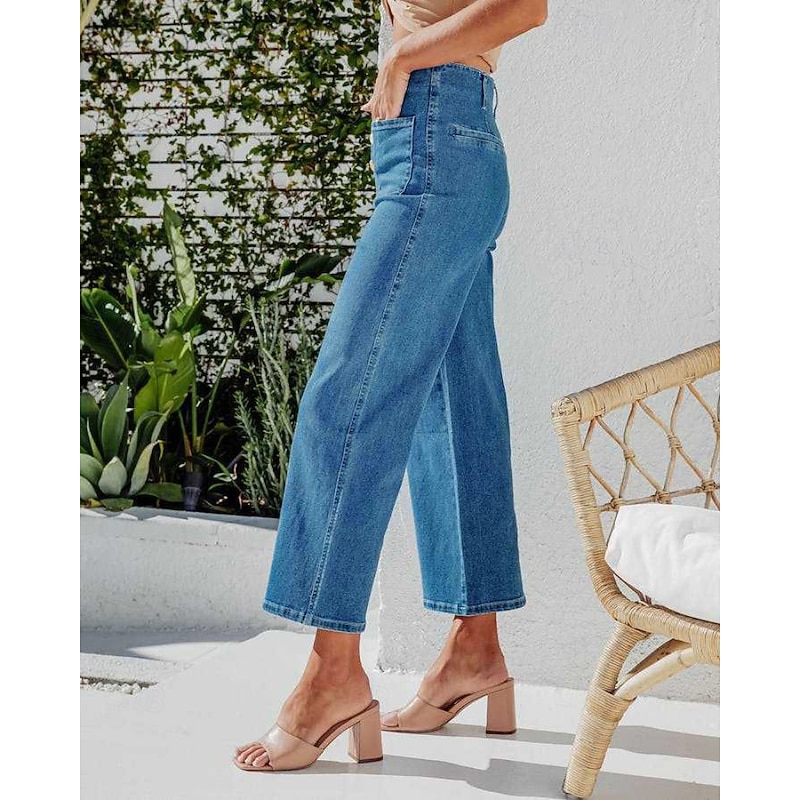 Women's Jeans Chinos Straight Streetwear Casual Full Length Medium Waist Plain Pocket Elastic Waist Comfortable Micro-elastic Outdoor Vacation Daily Black Blue Light Blue Fall Winter Regular Fit3