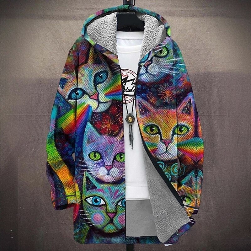 Men's Animal Cat Winter Coat Fleece Jacket Coat Thermal Warm Comfortable Casual Daily Wear Zipper Pocket 3D Print Fall Winter Hooded Long Sleeve Black Rainbow