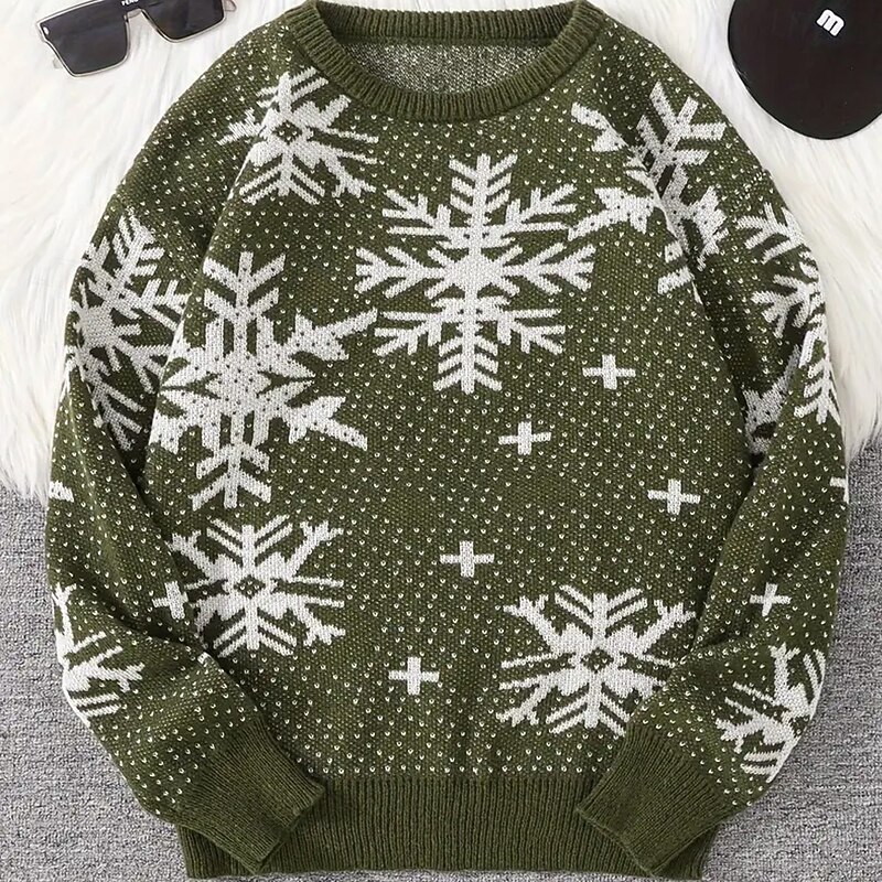 Christmas Men's Snowflake Pullover Sweater Jumper Knitwear Crewneck Casual Vacation Home Street 3D Print Knitting Keep Warm Long Sleeve Spring Fall Winter Black Green