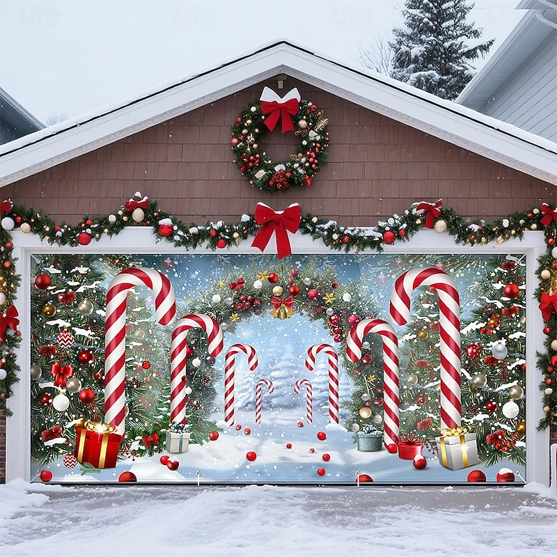 Christmas Tapestry Garage Door Cover Large Hanging Backdrop Gift Candy Cane Cute 3D Party Outdoor Holiday Shooting Backgrounds Yard Home Decor