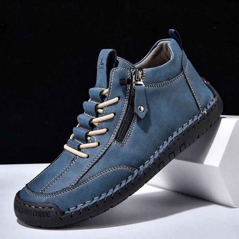 Men's Blue Casual Lace-Up Ankle Boots with Side Zipper, Handmade Style, Comfortable Non-Slip Sole, Outdoor and Daily Wear