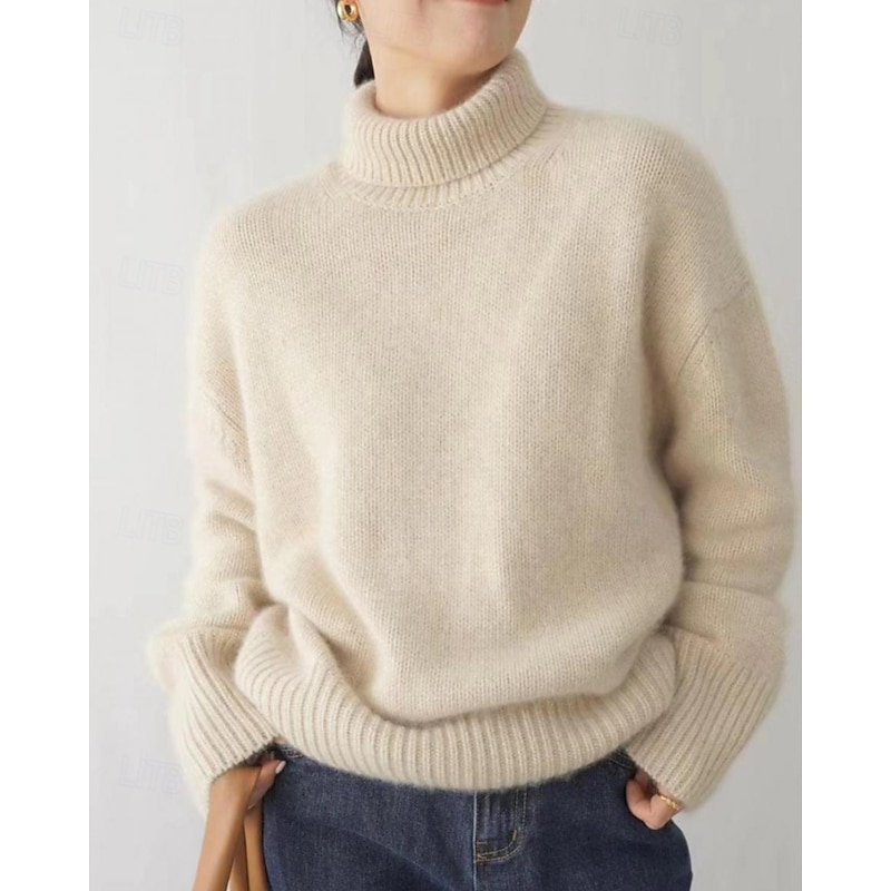Women's Sweater Pullover Streetwear Casual Solid Color Turtleneck Knitted Long Sleeve Regular Tops Knit Daily Holiday Weekend Navy Blue Camel Fall Winter4