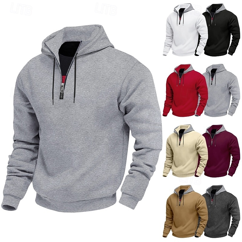 Men's Hoodie Pullover Hoodie Sweatshirt Quarter Zip Hoodie Fleece Hoodie Apricot Black White Red Burgundy Hooded Plain Zipper Pocket Sports & Outdoor Casual Daily Streetwear Cool Sportswear Spring - Main Image
