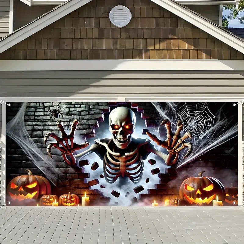 Halloween Garage Door Cover Skull Pumpkin and Spider Banner Haunted House Horror Scene Spooky Backdrop Tapestry for Outdoor Wall Fence Yard Halloween Party Decoration
