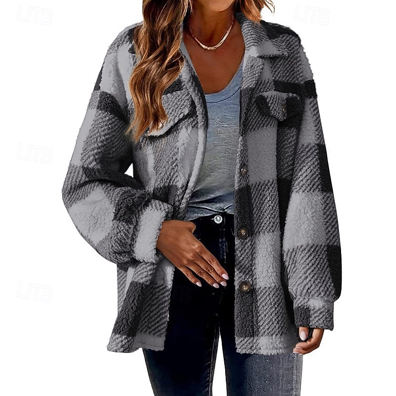 Women's Winter Coat Sherpa Jacket Warm Comfortable Pocket Buttons Casual Plaid Vacation Casual Going out Weekend Regular Turndown Regular Fit Long Sleeve Outerwear Black Pink Red Fall Winter2