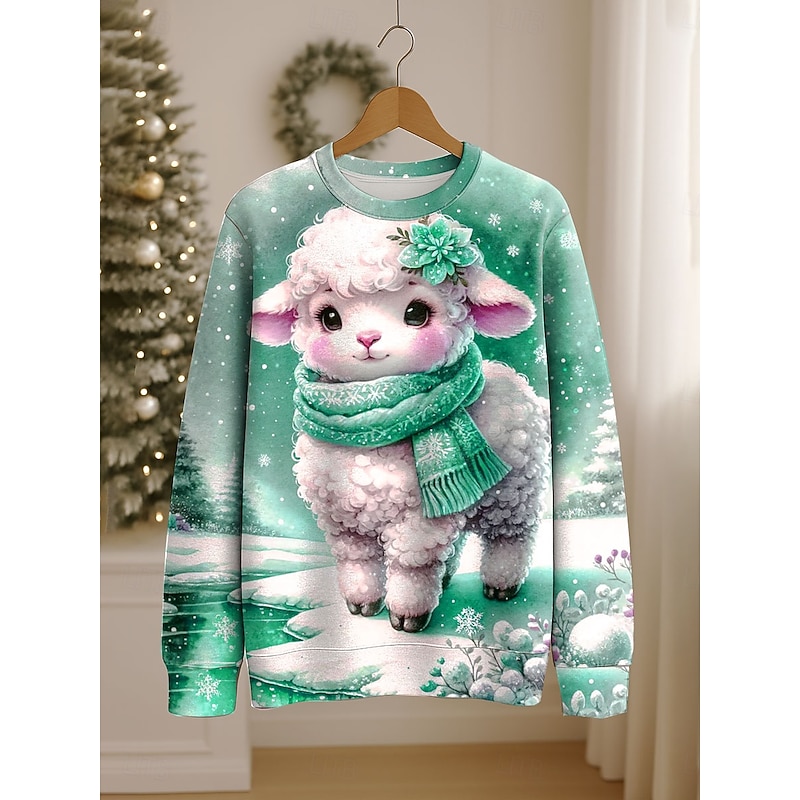 Women's Pullover Sweatshirt Graphic Animal Snowflake Casual Long Sleeve Crew Neck Regular Tops Street Casual Holiday Print Pink Blue Green Khaki Spring Fall Winter2