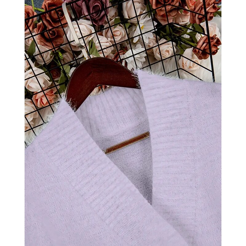 Women's Sweater Cardigan Elegant Fashion Streetwear Solid Color V Neck Pocket Knitted Long Sleeve Regular Tops Knit Outdoor Daily Weekend Purple Fall Winter3