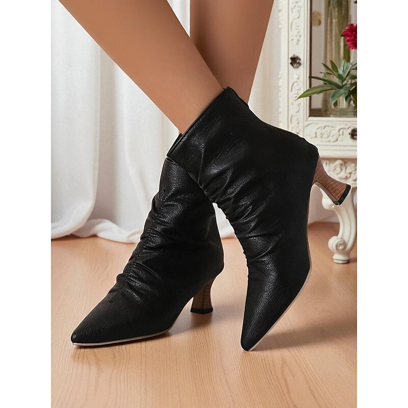 Women's Green Faux Leather Pointed Toe Ankle Boots with Ruched Design and Kitten Heels – Elegant Vintage Style Booties for Fall Office Outfits and Evening Wear3