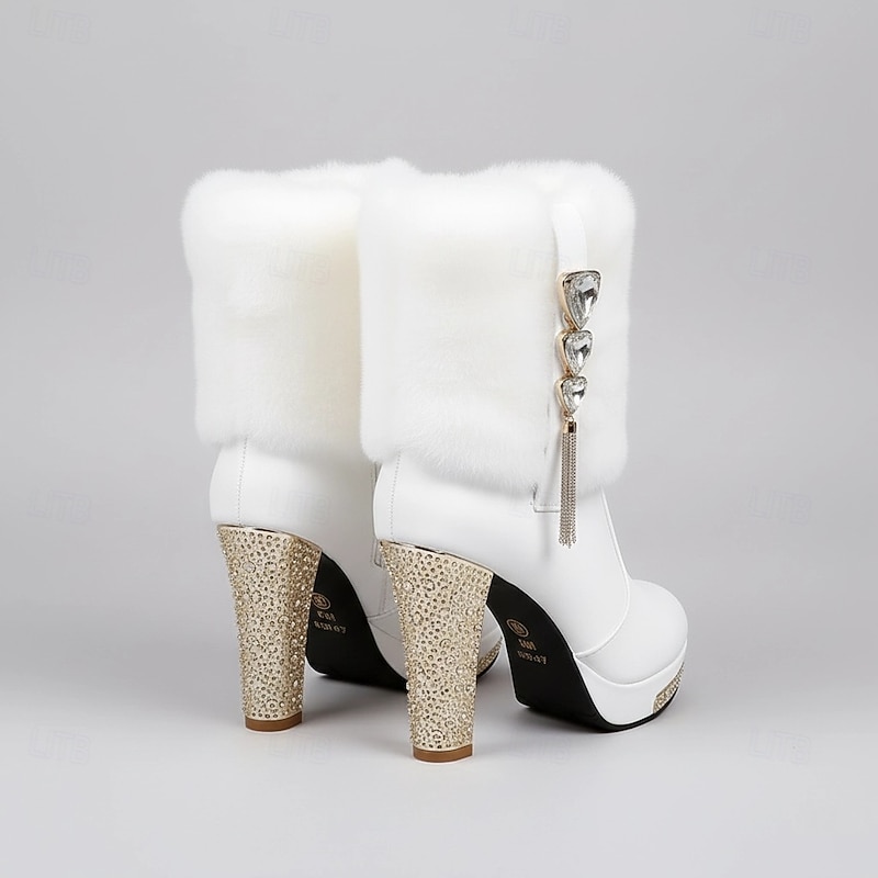 Women's White Faux Fur Ankle Boots with Rhinestone Heels - Elegant Winter High Heels for Parties and Special Occasions4