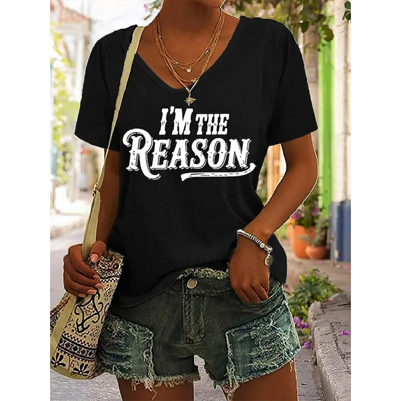 Women's T Shirt Graphic Letter Vintage Stylish Classic Short Sleeve V Neck Regular Tops Daily Print Black White Blue Green Gray Summer Spring Fall