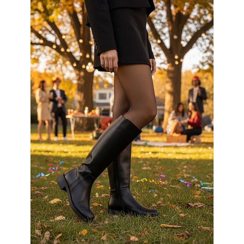 Women's Faux Leather Knee-High Boots with Side Zipper and Low Block Heels, Sleek Urban Fashion Footwear