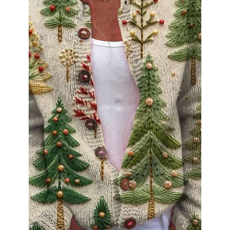 Women's Cardigan Daily Graphic Tree Ribbed Crew Neck Buttons Print Long Sleeve Regular Tops Knit Outdoor Holiday Weekend Green Beige Fall Winter3