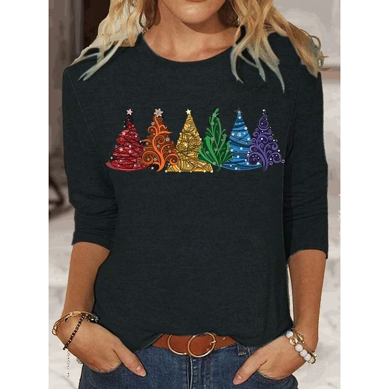 Christmas Women's T Shirt Graphic Christmas Tree Vintage Fashion Stylish Long Sleeve Crew Neck Round Neck Regular Tops Daily Weekend Print Black Red Blue Green Khaki Spring Fall Winter