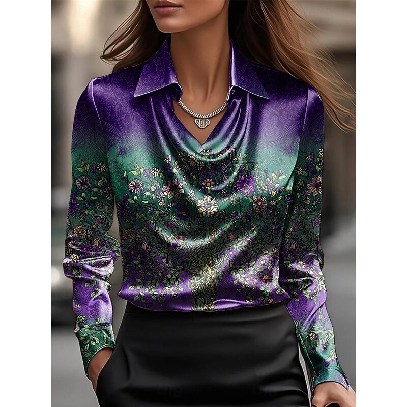 Women's Shirt Floral Graphic Elegant Stylish Casual Long Sleeve Cowl Neck Regular Tops Work Party Evening Wear Daily Ruched Draped Purple Spring Fall Winter Spring, Fall, Winter, Summer