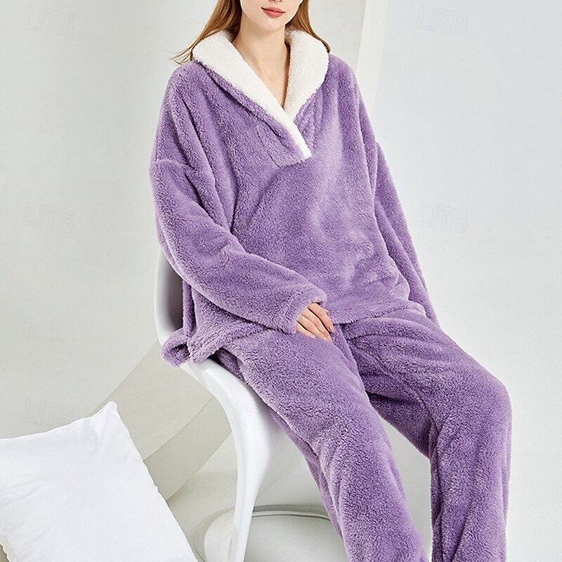 Women's Pajamas Loungewear Simple Casual Soft Pure Color Patchwork Pant Vacation Home Bed Long Sleeve Lapel Pink Red Blue Purple Gray Fall Winter Tailored Fit Loose Fit3