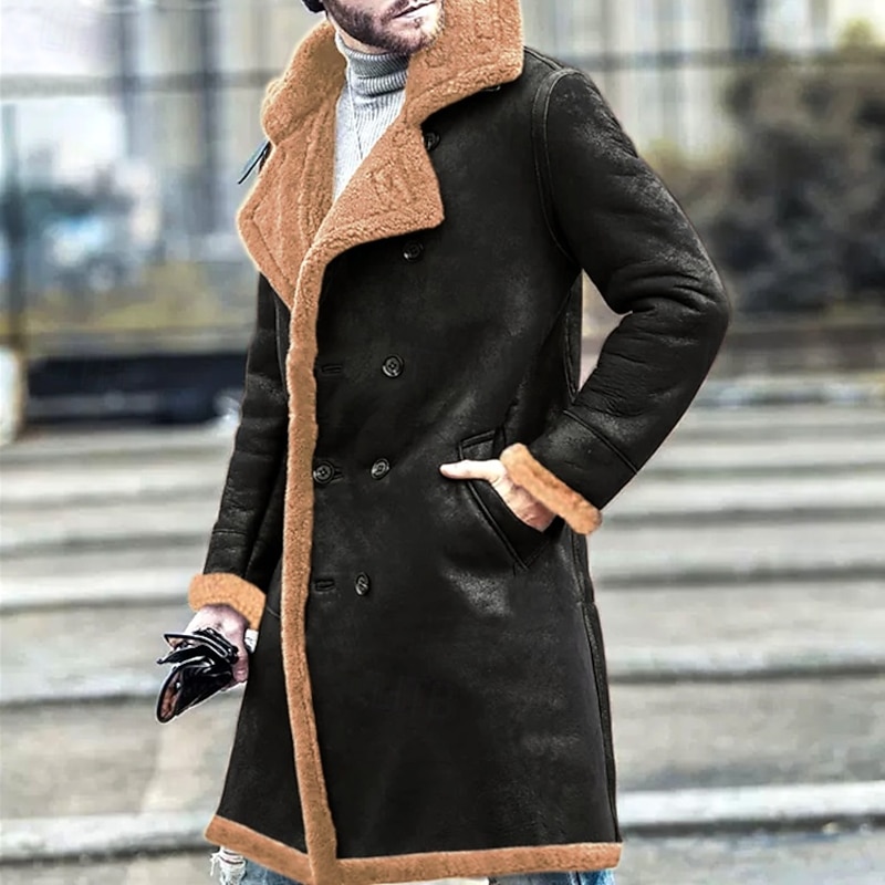 Men Faux Suede Jacket Overcoat Peacoat Faux Fur Long Trench Coat Outerwear Casual Fall Winter Outerwear Clothing Apparel Classic Trendy Plain Fleece Notch lapel collar4