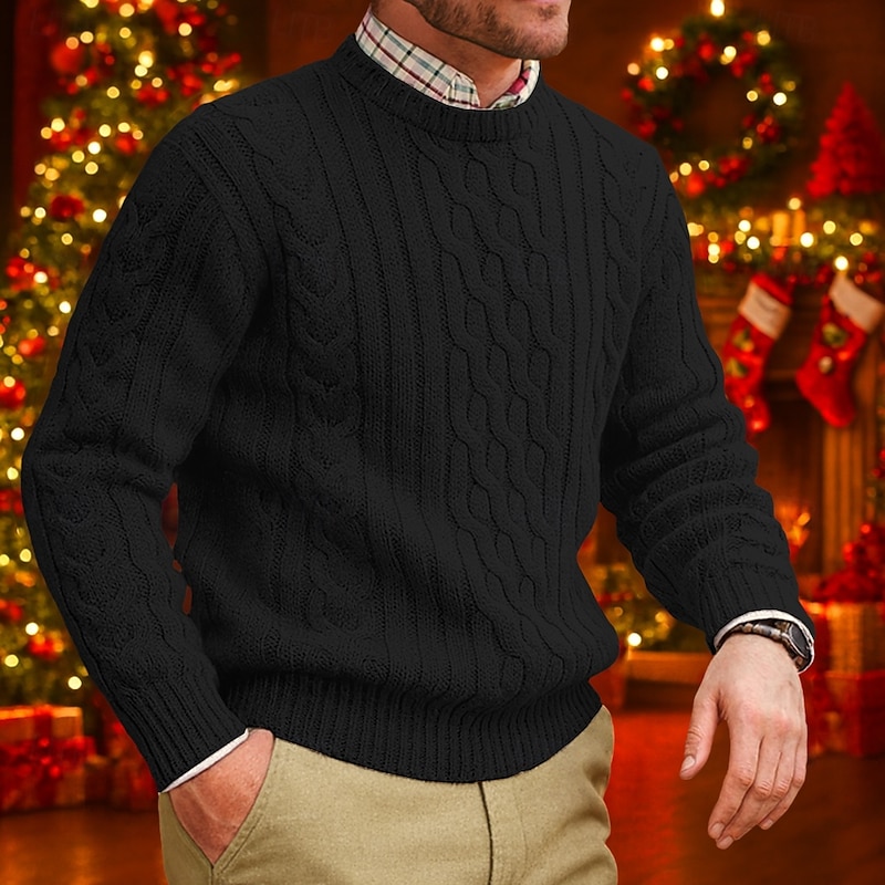 Men's Sweater Pullover Sweater Jumper Cable Knit Regular Tops Knitted Slim Fit Plain Crew Neck Knitwear Contemporary Casual Daily Wear Clothing Apparel Fall Black Blue M L XL2
