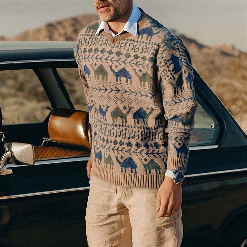 Men's Pullover Sweater Jumper Knit Sweater Ribbed Knit Regular Tops Knitted Animal Crew Neck Basic Ethnic Vacation Daily Wear Clothing Apparel Fall Winter Camel Blue M L XL